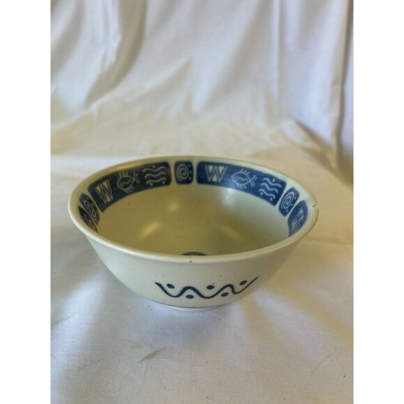 Vintage Ceramic Bowl With Blue Geometric & Nautical Design - Picture 1 of 3
